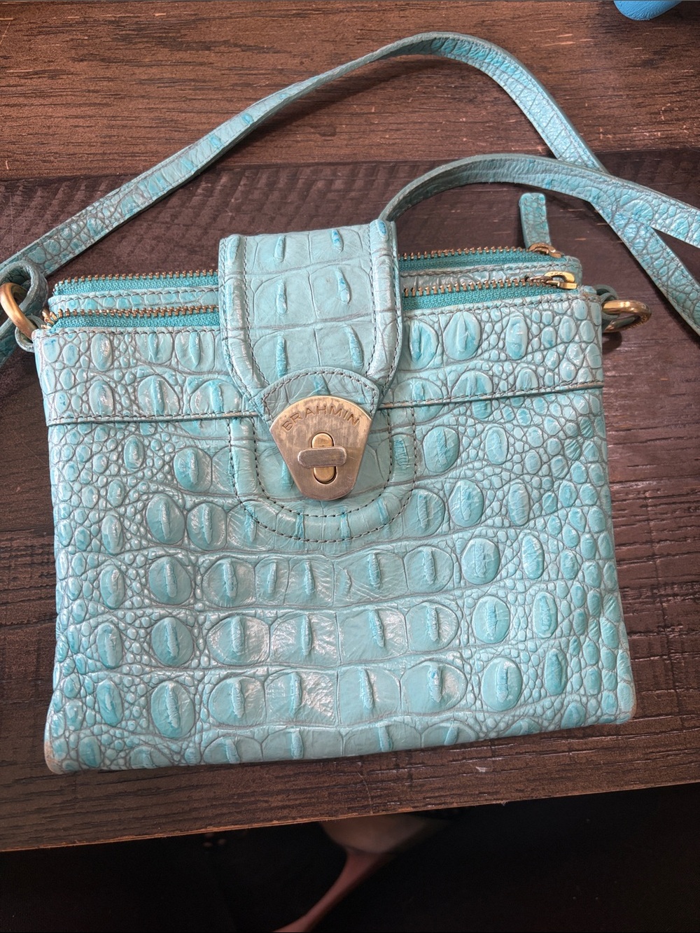 Brahmin Turquoise Croc-Embossed Leather Crossbody Bag